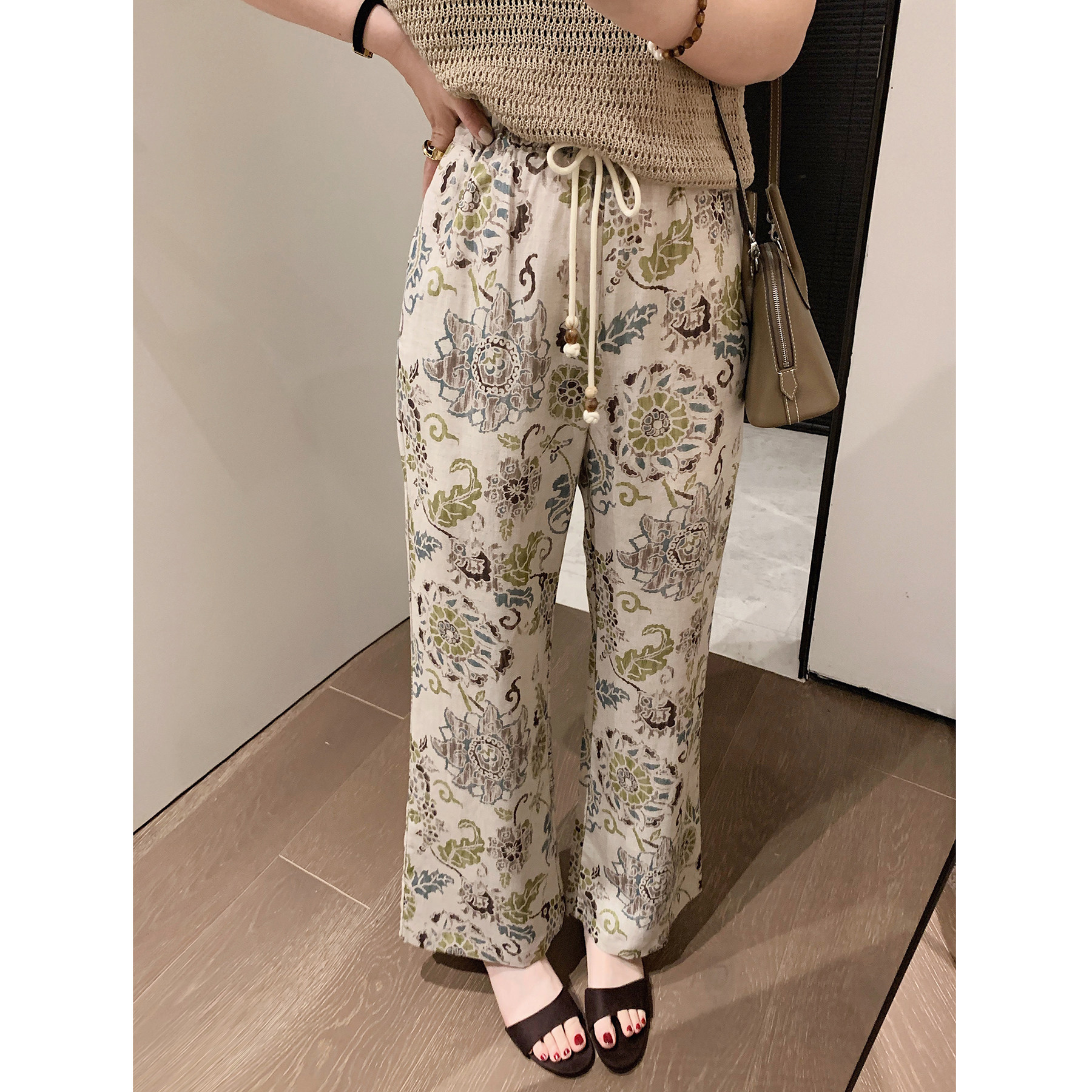 misslady设计款亚麻复古花纹长裤直筒民族风印花休闲裤女显瘦显高