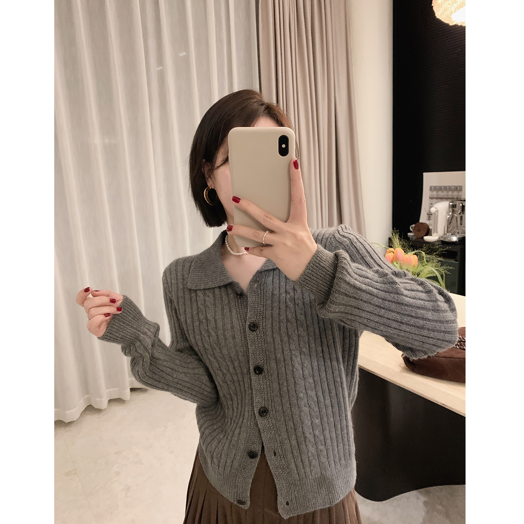 misslady法式复古自留羊毛成分翻领灰色毛衣针织开衫上衣外套女,女装/女士精品,毛衣,淘宝优惠券,粉丝福利购,淘宝优惠卷