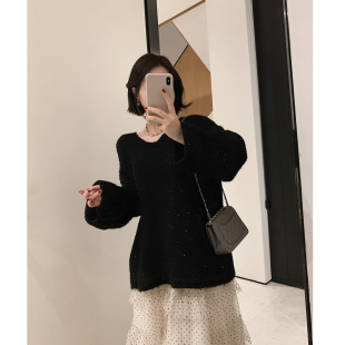 misslady复古慵懒感可做一字肩大袖子纯色毛衣百搭宽松显瘦针织衫