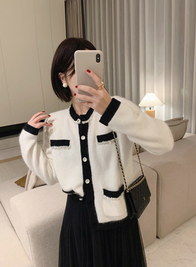 misslady黑白时髦洋气羊毛成分小香风针织开衫上衣女气质名媛显瘦