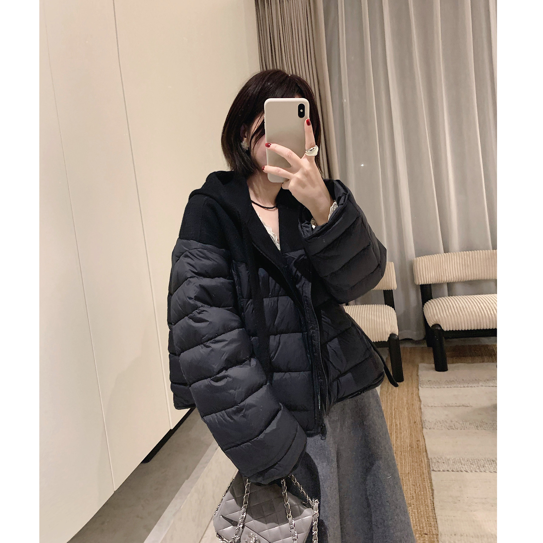 双面羊绒拼接羽绒连帽外套图片