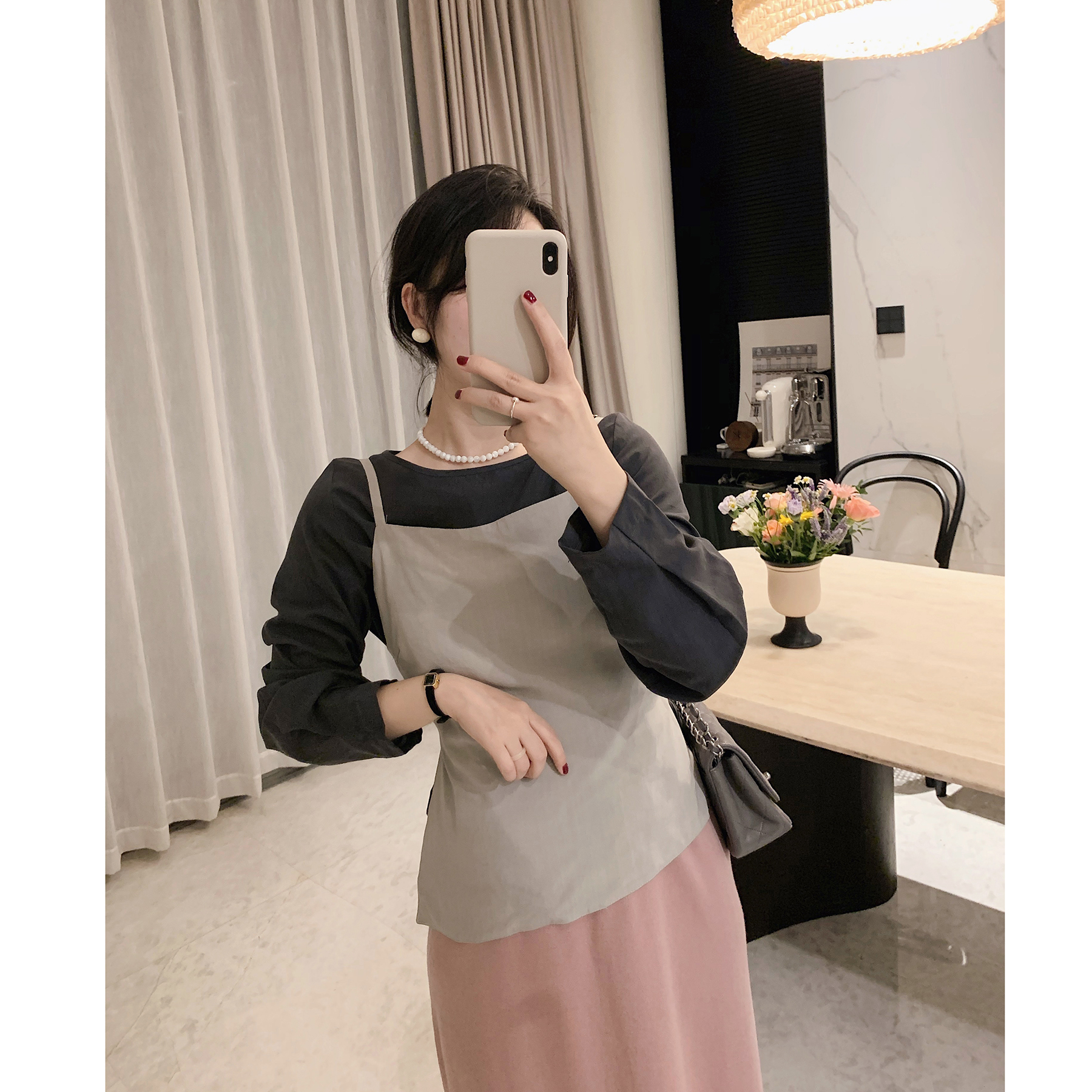 misslady洋气简约复古圆领韩系吊带背心圆领长袖T恤两件套套装女