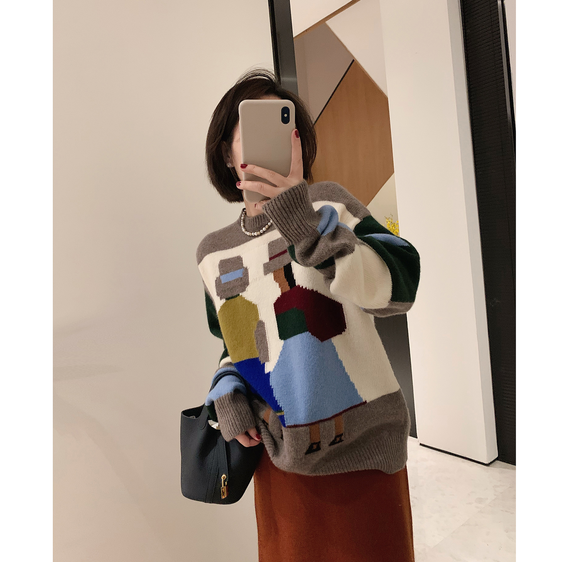 拼色毛衣复古洋气圆领