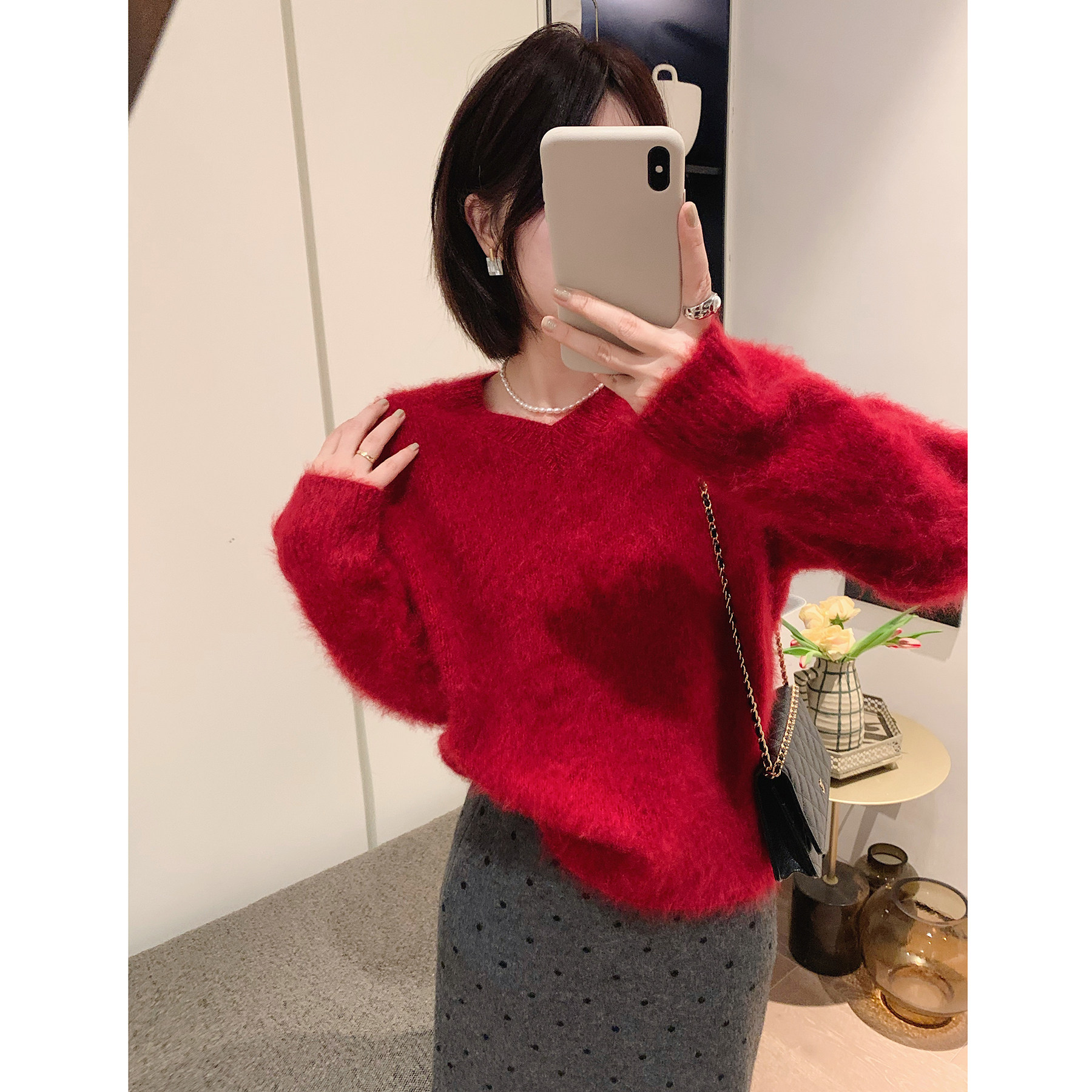 misslady复古红色羊毛成分拉毛小v领套头毛衣女上衣宽松慵懒显瘦