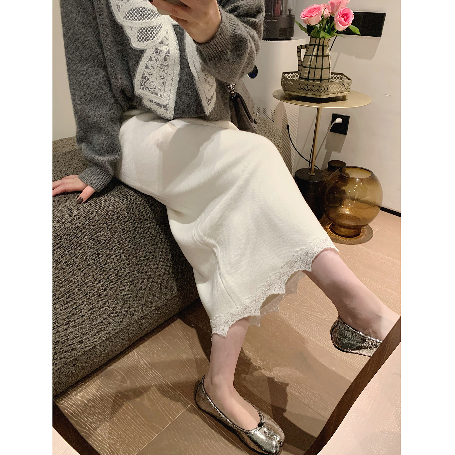 misslady高品质针织蕾丝边半身裙子女高腰秋冬修身包臀中长款直筒