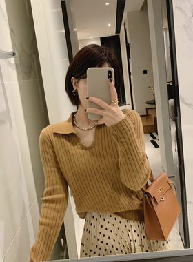 misslady高级羊毛坑条纹翻领针织衫毛衣女士上衣新款百搭气质修身