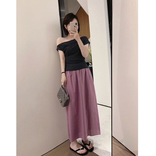 亚麻纯色松紧长裙半身裙