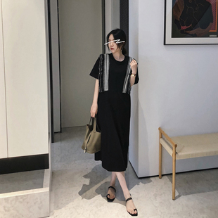 misslady自留韩国复古套头拼接短袖 荷叶黑色连衣裙 宽松腰设计款