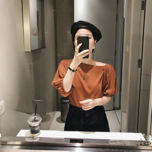气质时尚 Misslady2019韩版 斜肩女一字露肩泡泡袖 短款 复古上衣 夏季