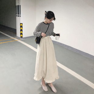 復古品質 misslady韓國氣質高腰設計花瓣邊半身裙傘裙大擺裙中長款