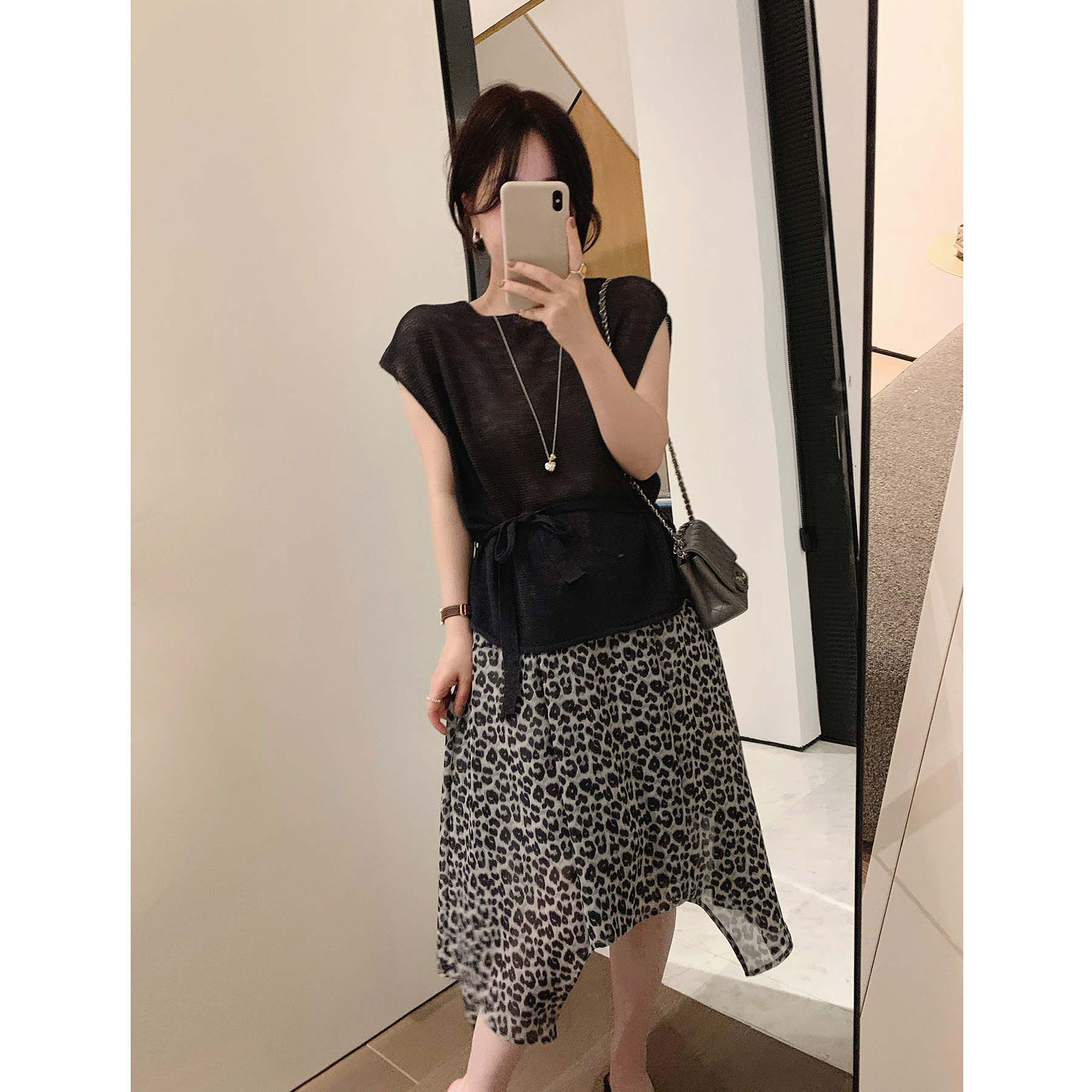 misslady复古薄款针织衫收腰上衣豹纹高腰半身裙女士夏季新款法式