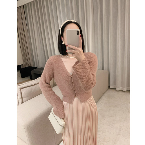 misslady自留复古洋气好美喇叭袖纽扣v领开衫外套女早秋2024新款