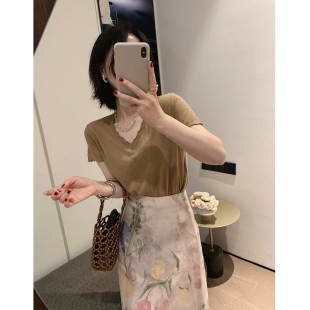 misslady复古卷边v领薄款短袖针织衫女士上衣夏chic简约百搭通勤