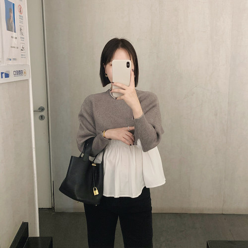 套头圆领荷叶边针织衫