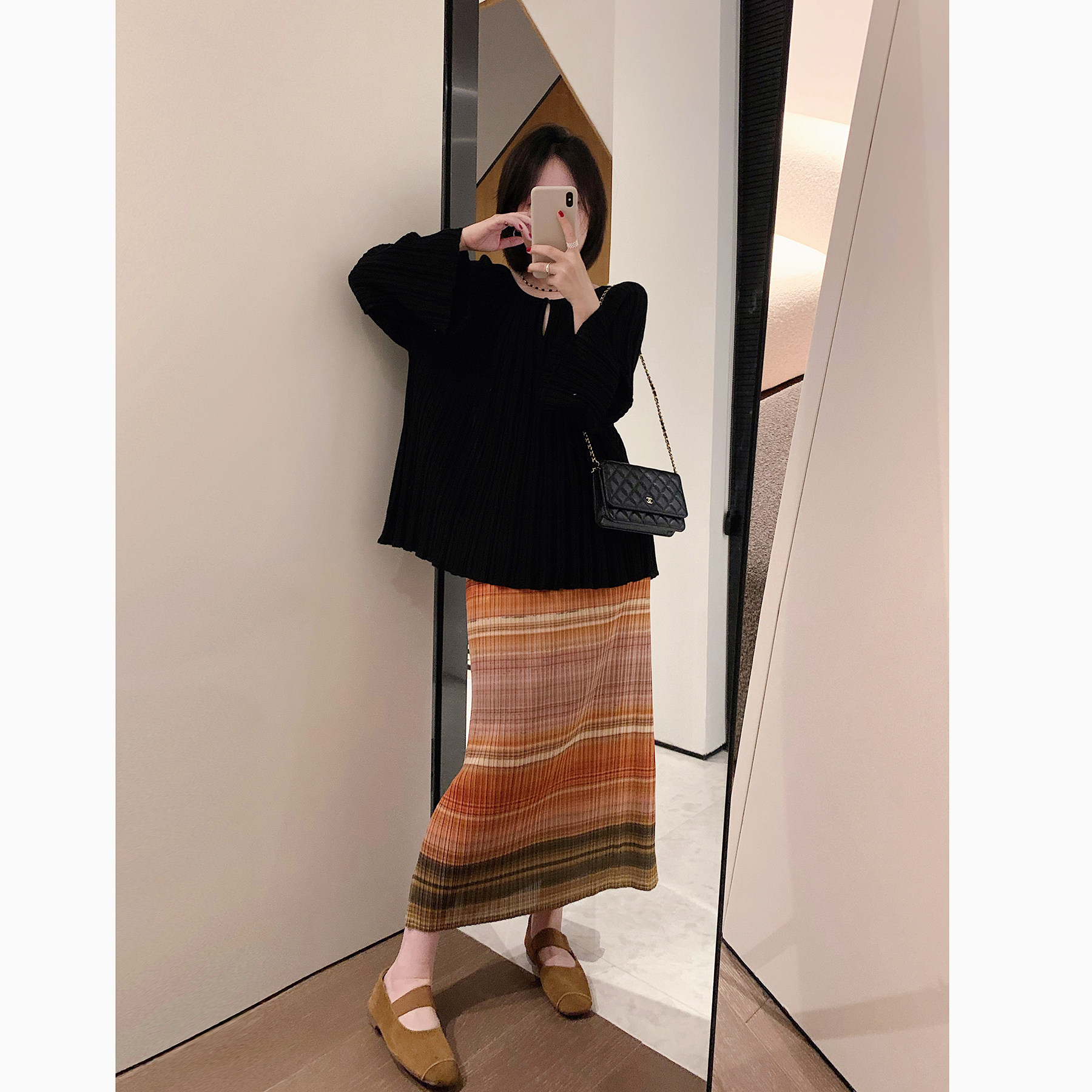 misslady复古百褶渐变半身裙子女高腰垂感直筒显瘦中长款法式优雅