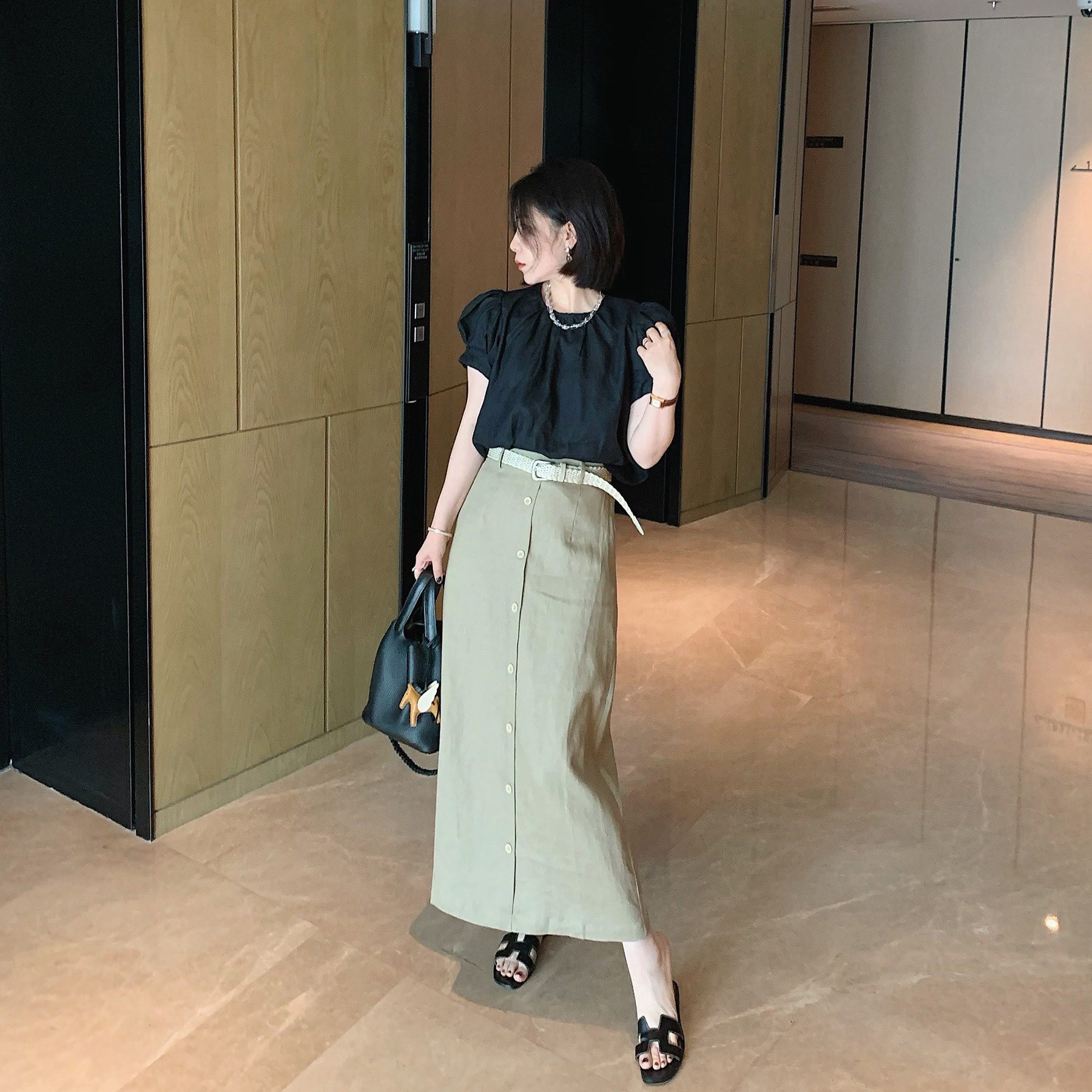 misslady高品质麻料单排扣半身裙女高腰直筒包臀韩系轻熟(送腰带)