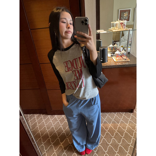NUEL SHIRO 美式复古撞色插肩袖印花长袖T恤修身显瘦百搭休闲上衣
