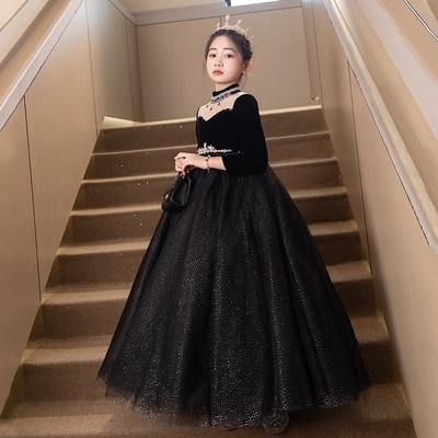 女大童黑色赫本风高档礼服小女孩大码胖MM蓬蓬裙钢琴小提琴合唱裙