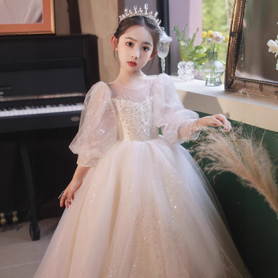小女孩泡泡袖轻奢气质公主裙女大童生日钢琴主持人考级表演服长裙