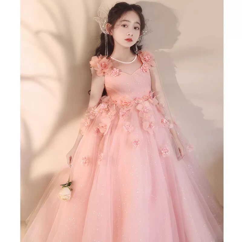 高中生粉色甜美公主裙女童大码胖MM晚礼服模特考级演讲领唱表演服