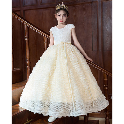 香槟色高级感蛋糕裙小女孩花童公主裙子钢琴少儿主持人舞台演出服