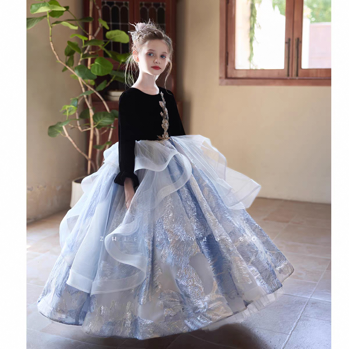 黑色赫本风蓬蓬裙女大童微胖公主裙花童生日小提琴古筝钢琴演奏服