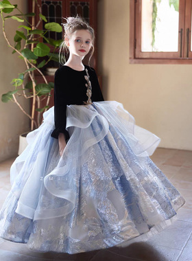 黑色赫本风蓬蓬裙女大童微胖公主裙花童生日小提琴古筝钢琴演奏服