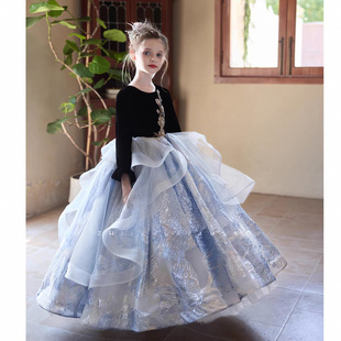 黑色赫本风蓬蓬裙女大童微胖公主裙花童生日小提琴古筝钢琴演奏服