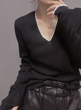 衣唯硕9605-1秋冬新款v领撞色长袖修身针织衫打底衫女