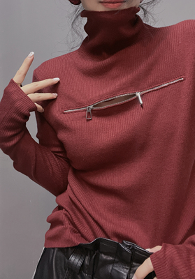 衣唯硕87268秋冬堆领胸前拉链螺纹弹力打底衫针织衫女