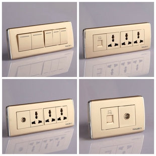 泰力开关面板118型900系列香槟金两插加开关多功能插座四位十孔