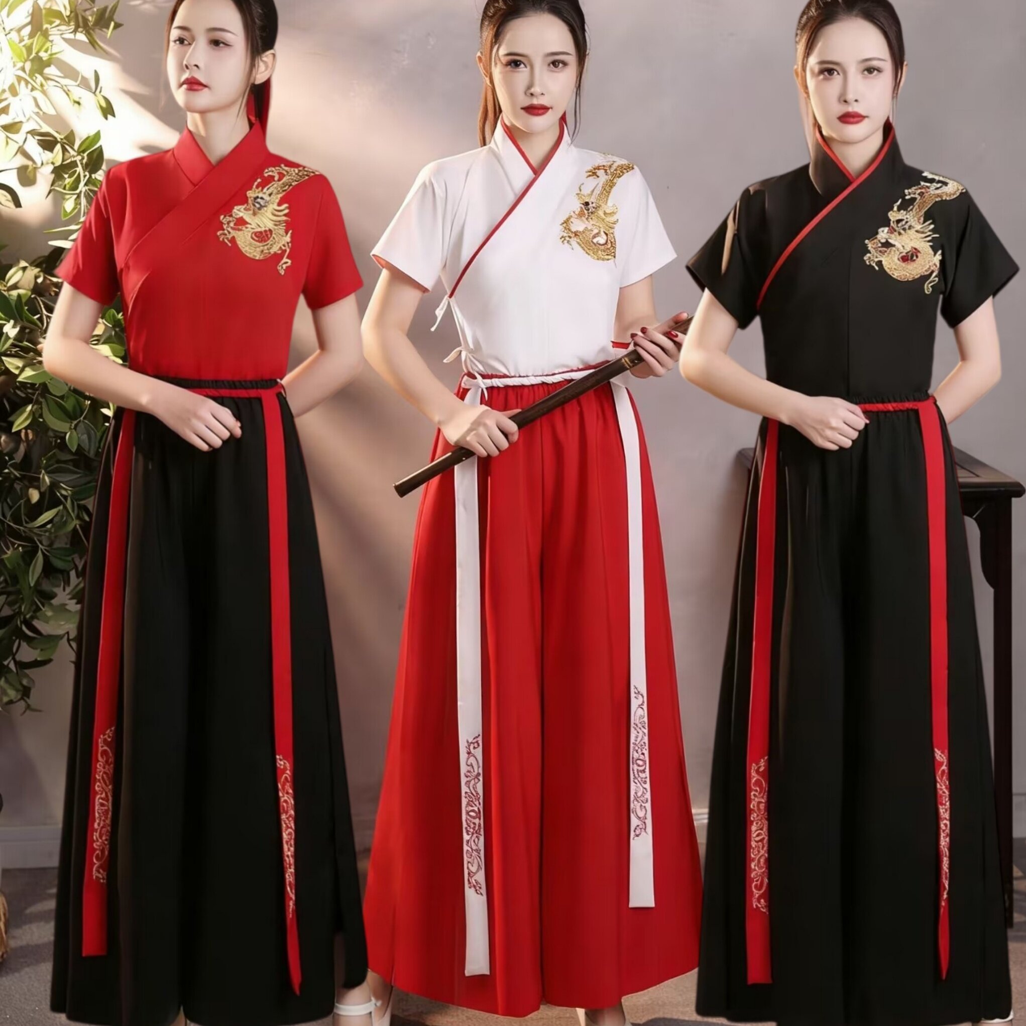 中国风汉服女古风武侠交领刺绣龙演出服古典舞蹈夏季短袖