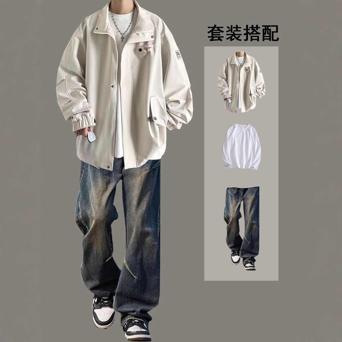 耐克顿NASA美式外套男款翻领冲锋衣春秋季新款潮牌休闲秋装工装