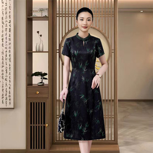 中老年媽媽裝 國風立領桑蠶絲 新款 聲雨竹彈力緞真絲連衣裙2025夏季