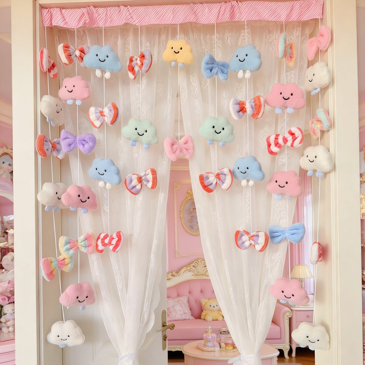 彩虹白云新款少女心卧室门帘半帘免打孔阳台飘台房间门装饰帘挂饰