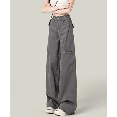 小个子一米五废土风美式阔腿牛仔裤女工装新款宽松显瘦拖地直筒裤