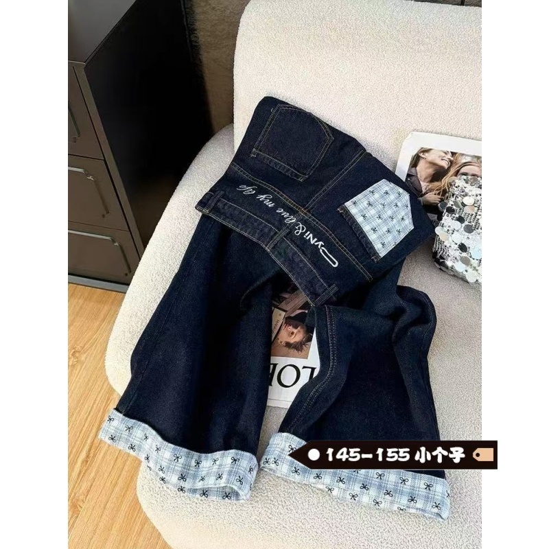 小个子设计感蝴蝶结格子拼接牛仔裤女秋季新款休闲裤子宽松直筒裤