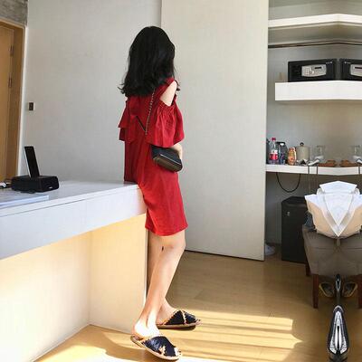 香港it代购韩国 荷叶边宽松中长款露肩沙滩棉麻娃娃裙连衣裙女夏
