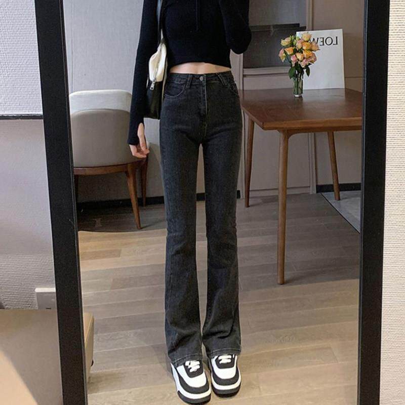 韩国高腰微喇牛仔裤女2026春秋新款韩版小个子显瘦黑色直筒喇叭裤