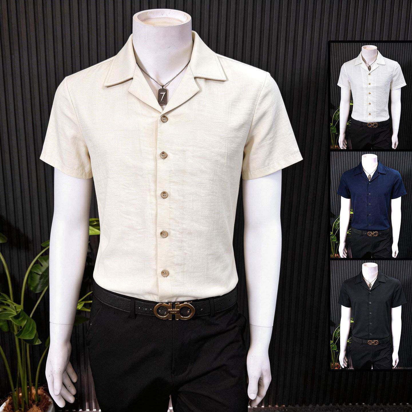 潮牌古巴领衬衫男短袖冰丝新款夏季高级感垂感老钱风男装休闲衬衣
