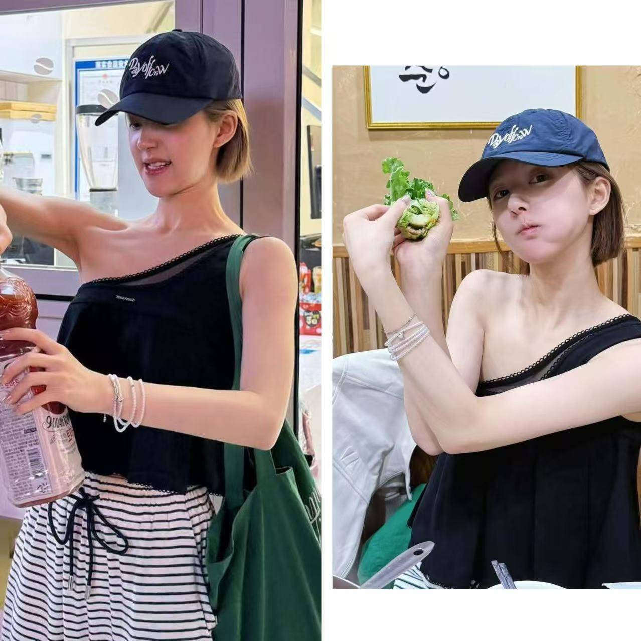 赵露思同款黑色斜领单肩吊带上衣女设计感小众不规则百褶短款背心