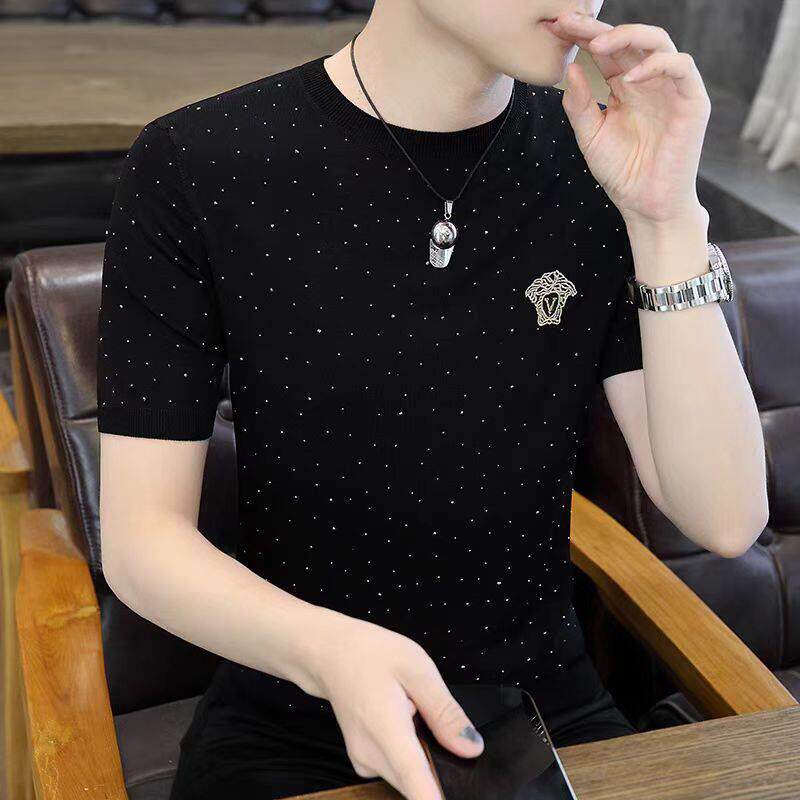 欧洲站男士针织短袖t恤夏季高端品牌冰丝满天星体恤衫潮流上衣薄