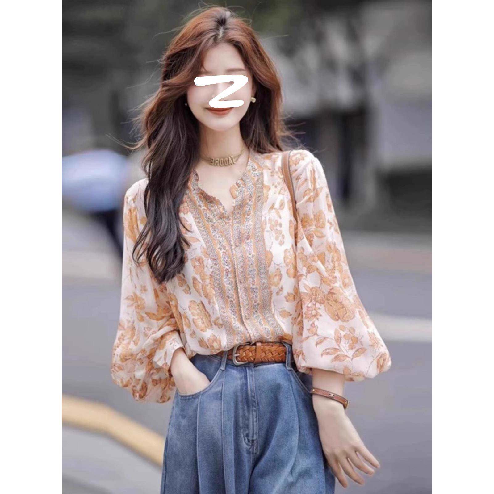 欧洲站雪纺衬衫女新款洋派时尚设计感春秋夏季高级感碎花长袖上衣