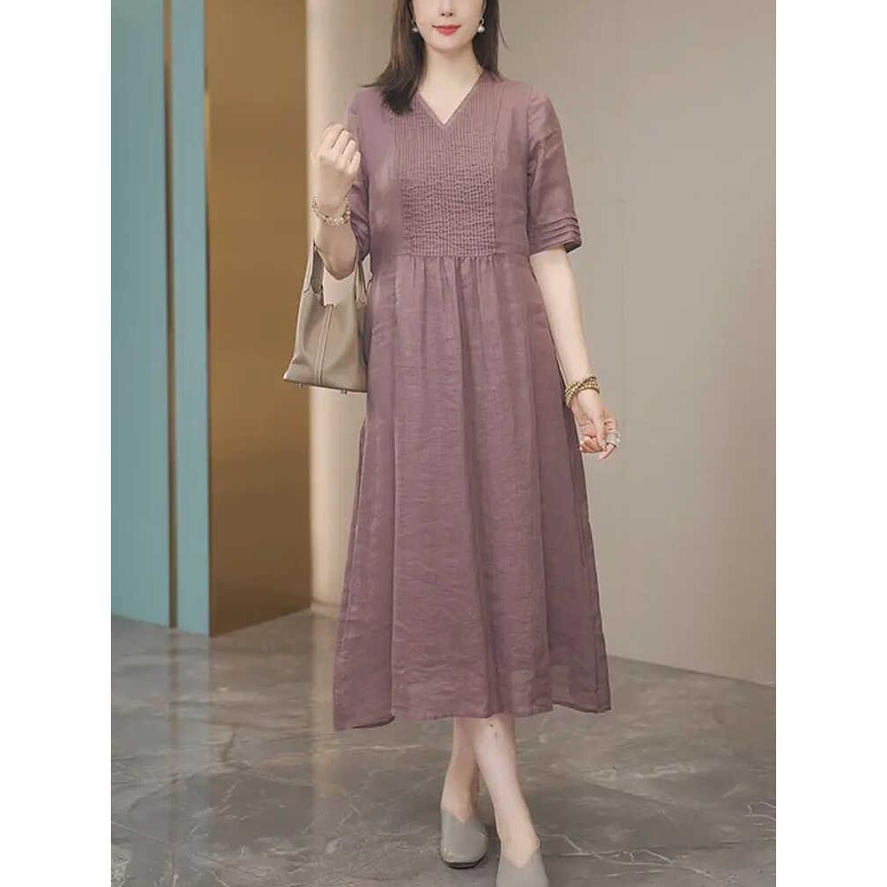 欧洲站气质V领苎麻文艺连衣裙女减龄2025年夏季新款宽松显瘦裙子