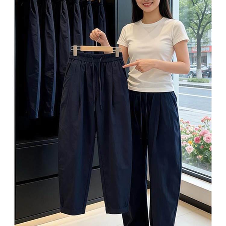 潮牌藏青色美式裤子男款夏季轻薄纯棉运动裤老钱风穿搭情侣弯刀裤