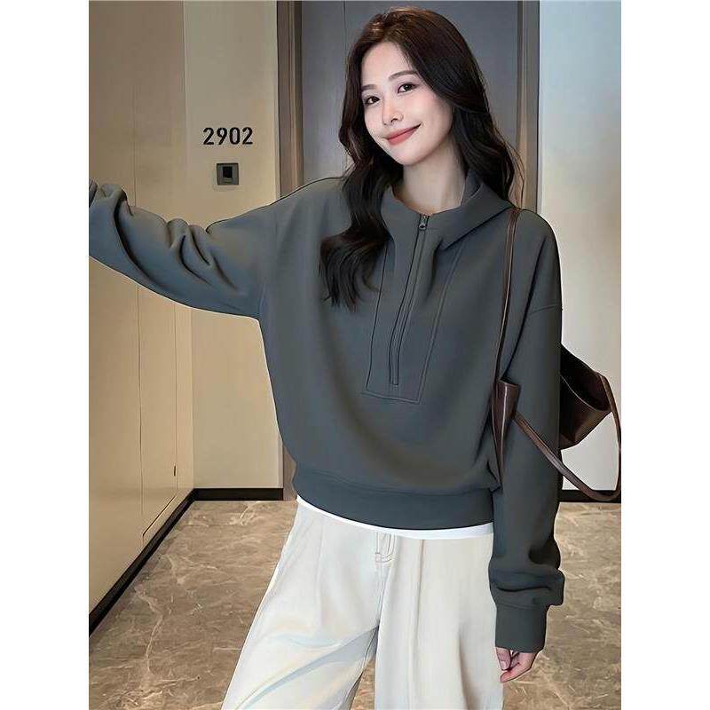 灰色半拉炼连帽卫衣女款春秋2025新款小个子宽松显瘦时尚休闲上衣