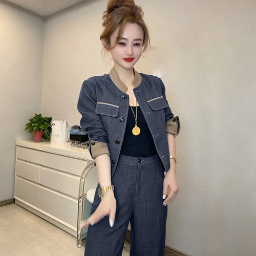 【两件套】【有里布】高级感女洋气穿搭拼接显瘦上衣裤套装D10253