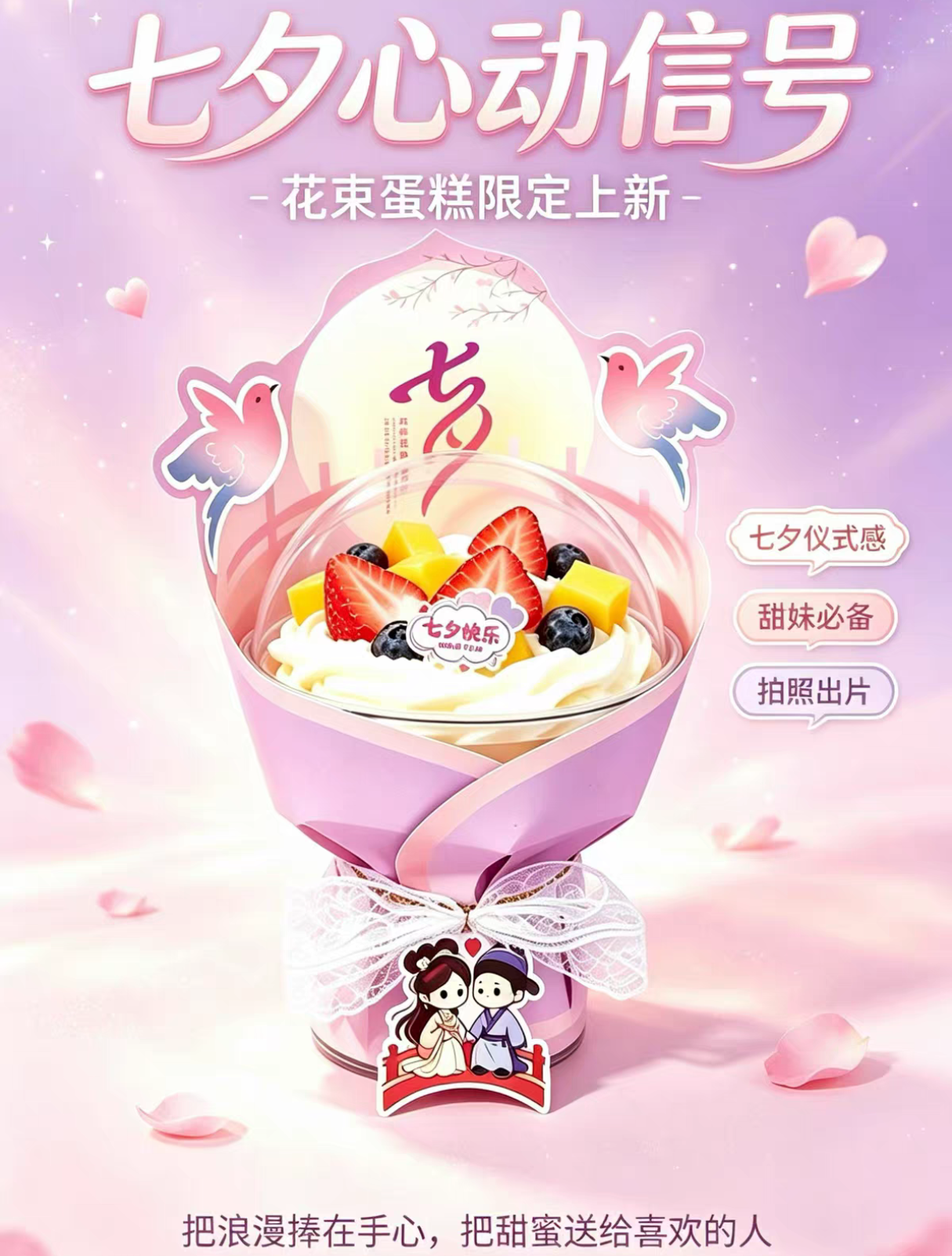 七夕网红手捧花蛋糕包装烘焙西点慕斯装饰花束ins风蛋糕鹊桥