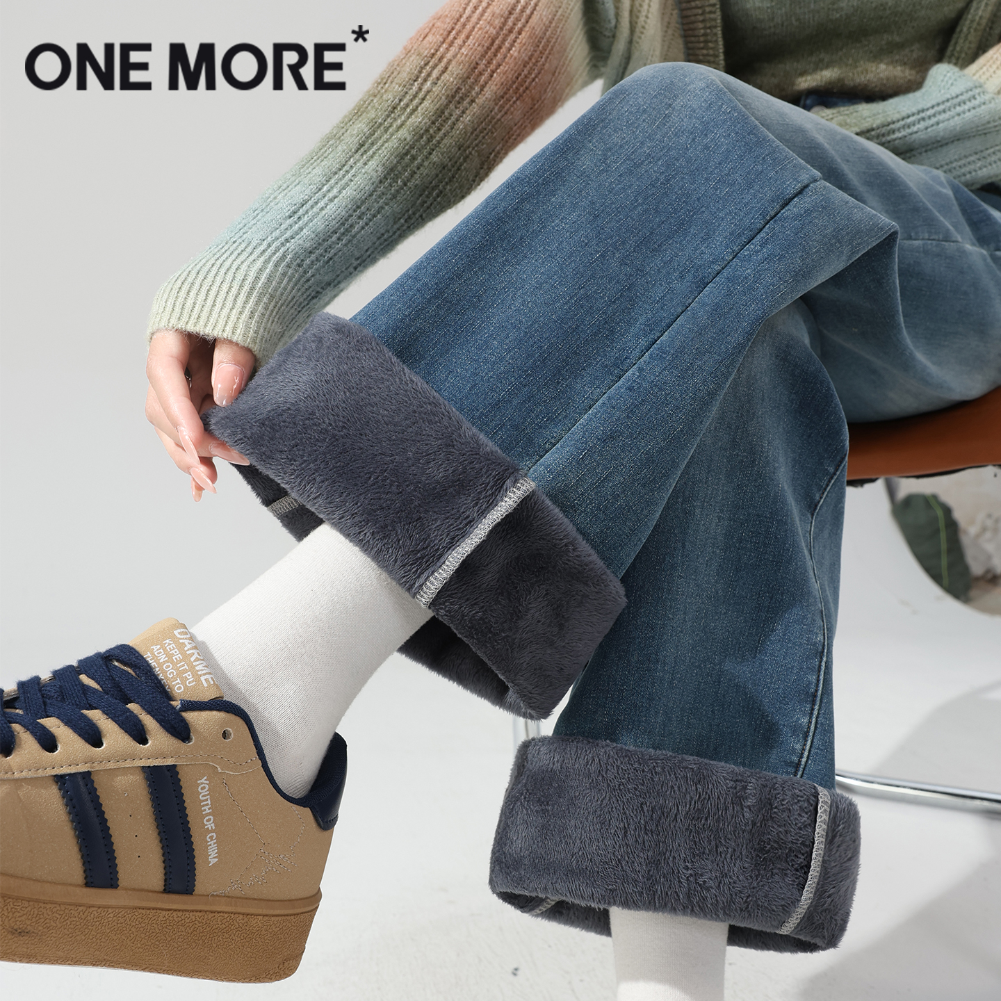 onemore加绒牛仔裤女直筒裤子