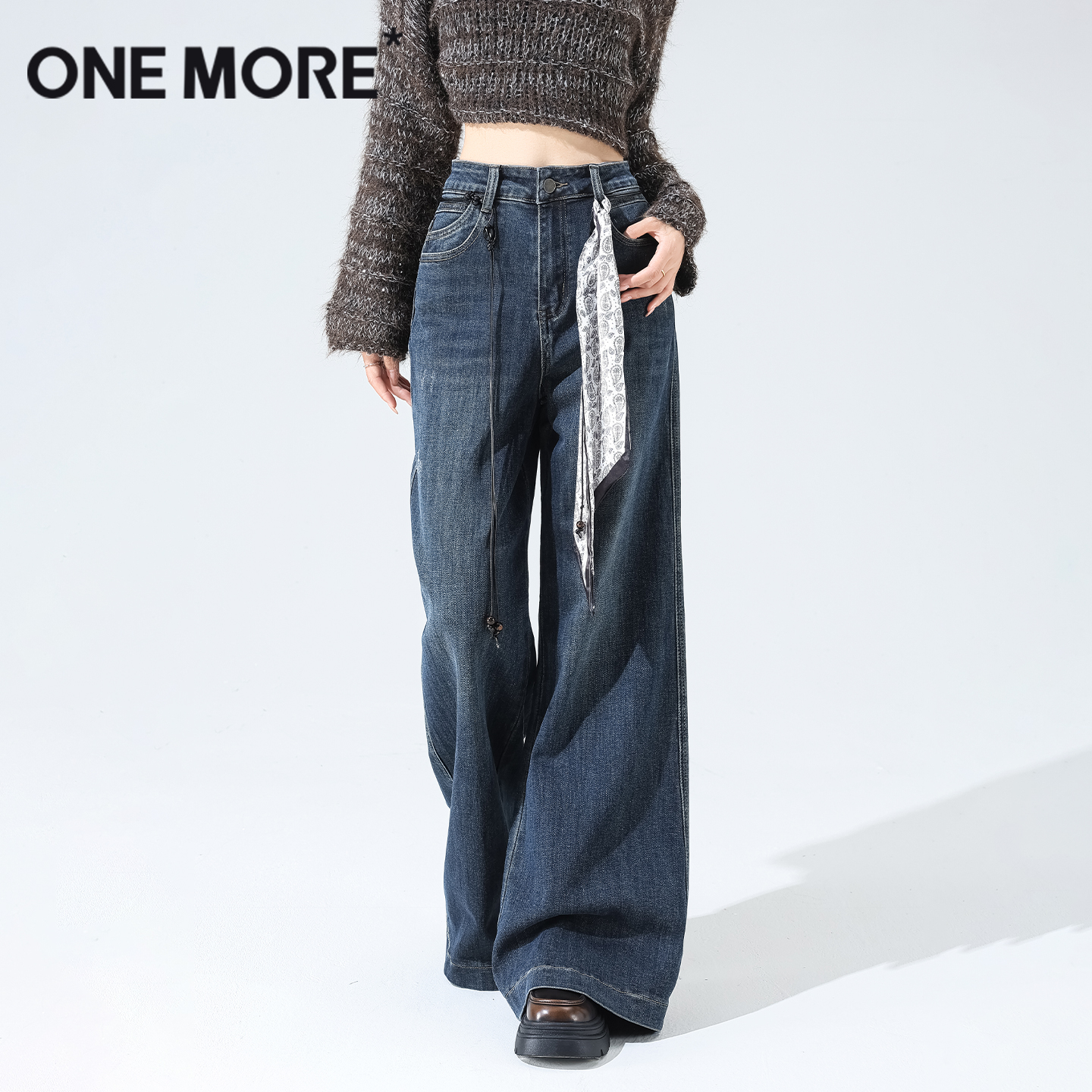 onemore复古牛仔裤女直筒喇叭裤